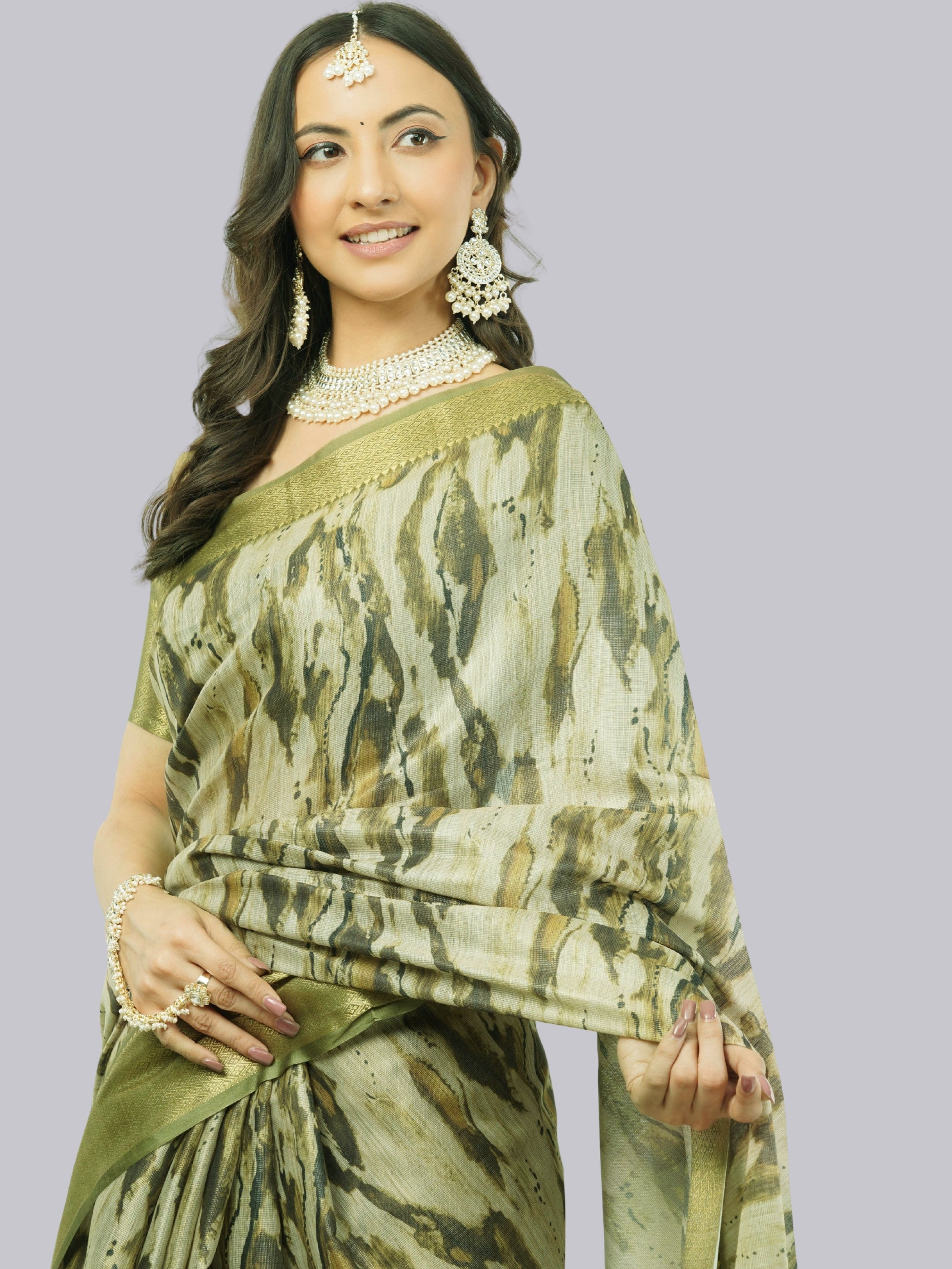 Olive Mehendi Marble Print Saree with Zari Border