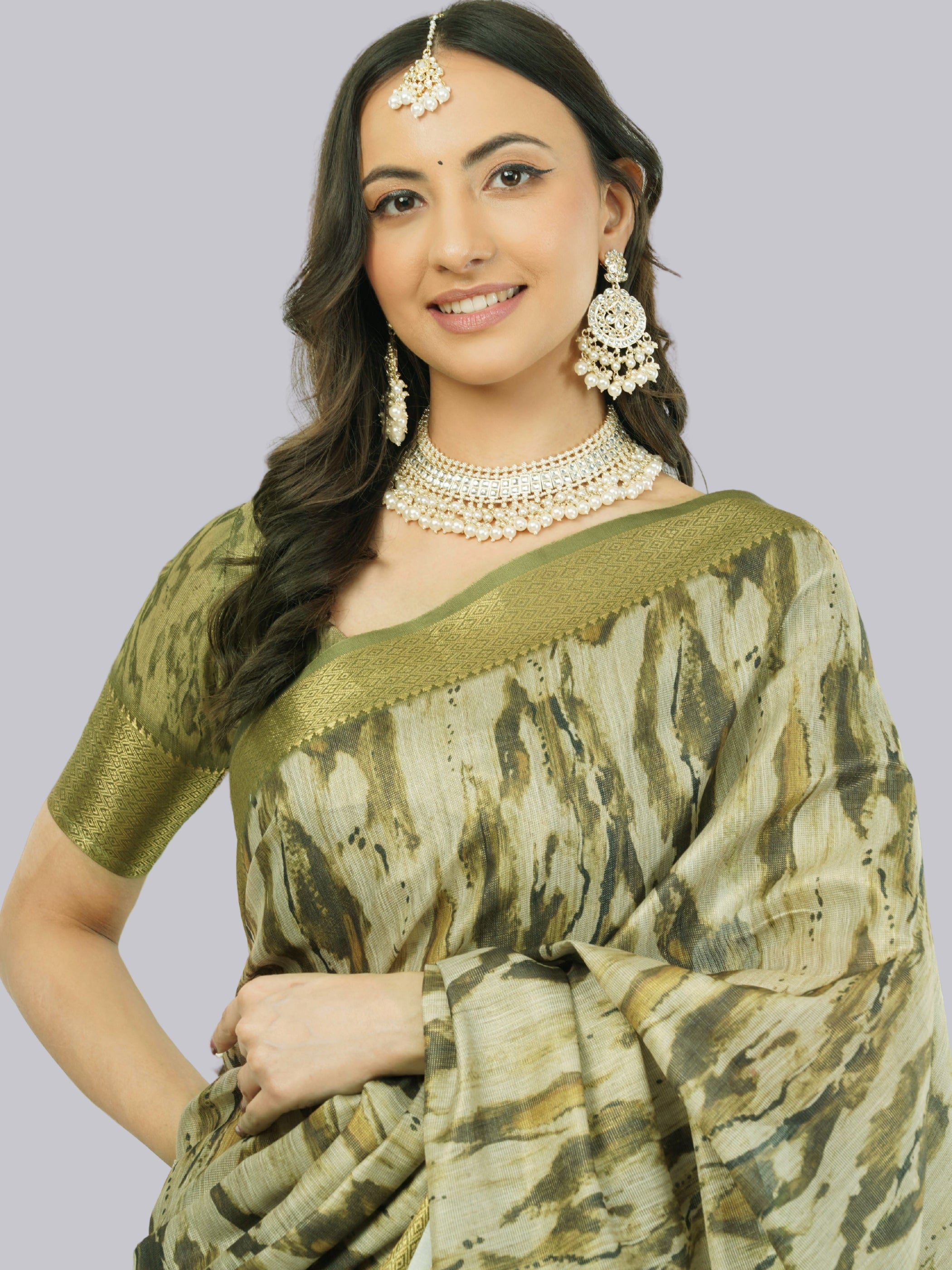 Olive Mehendi Marble Print Saree with Zari Border