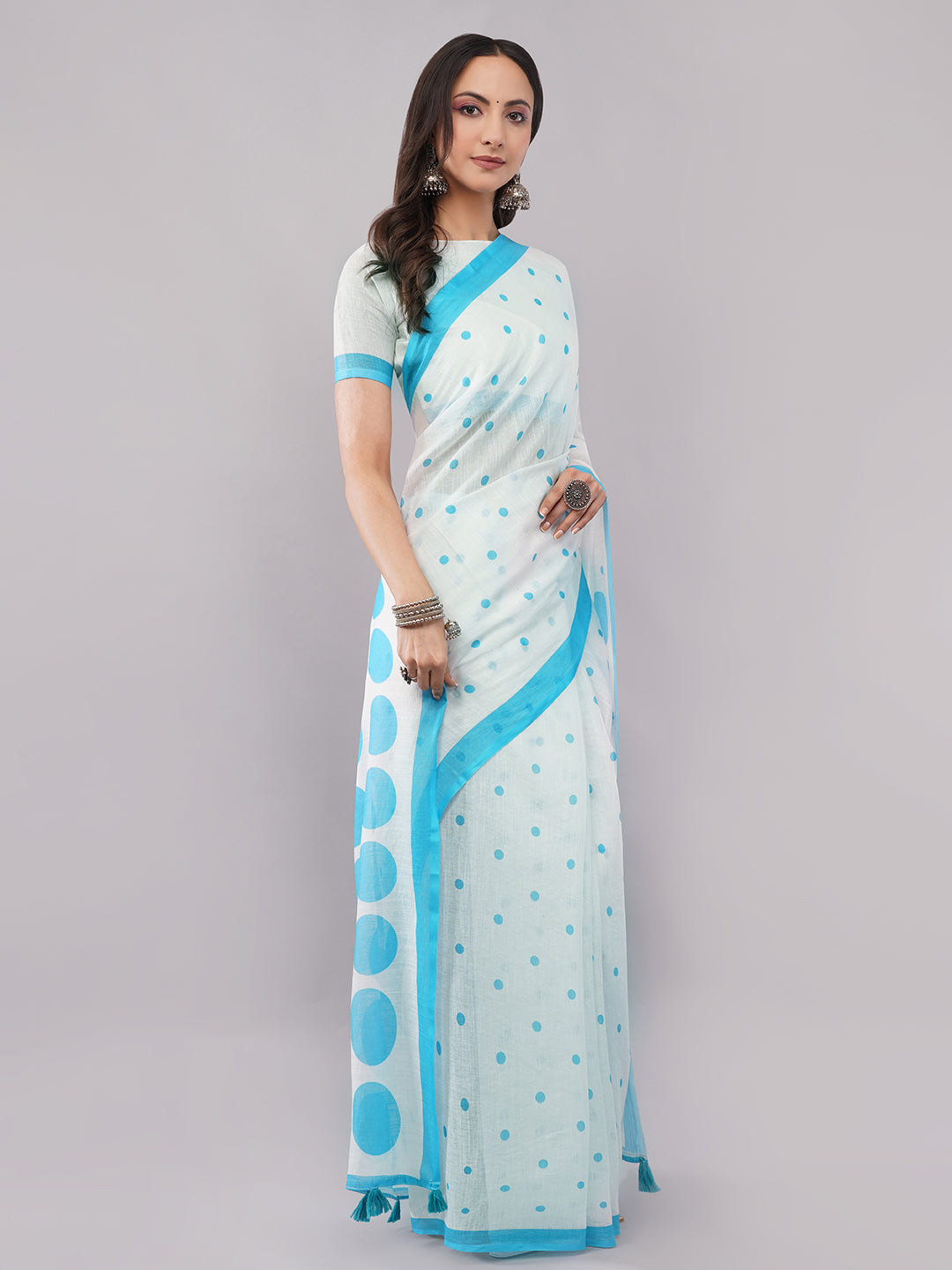Samantha Women's White & Sky Blue Polka Dot Linen Saree with Geometric Printed Pallu & Tassels | Breathable Summer Office Wear