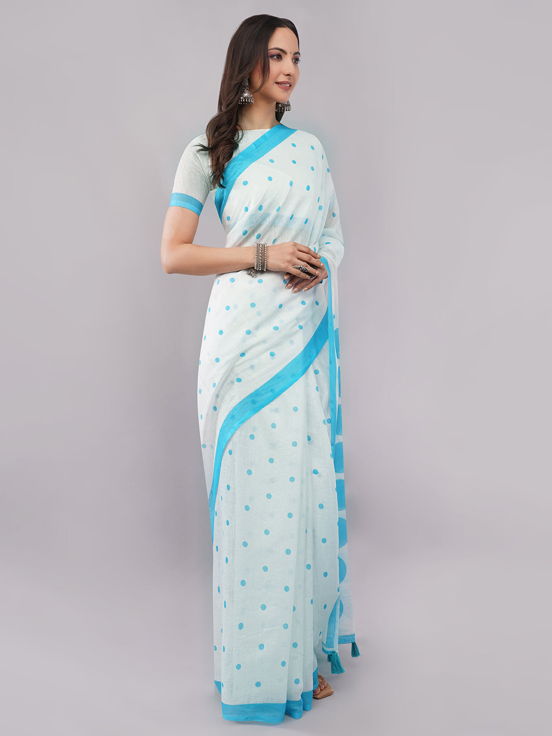 Samantha Women's White & Sky Blue Polka Dot Linen Saree with Geometric Printed Pallu & Tassels | Breathable Summer Office Wear