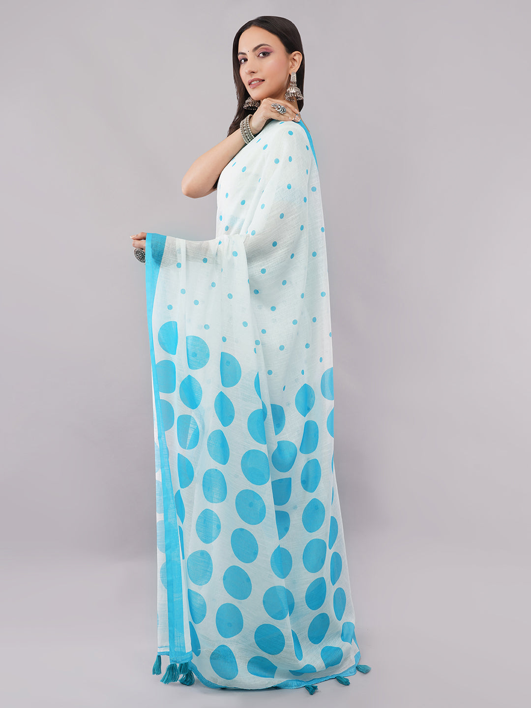 Samantha Women's White & Sky Blue Polka Dot Linen Saree with Geometric Printed Pallu & Tassels | Breathable Summer Office Wear