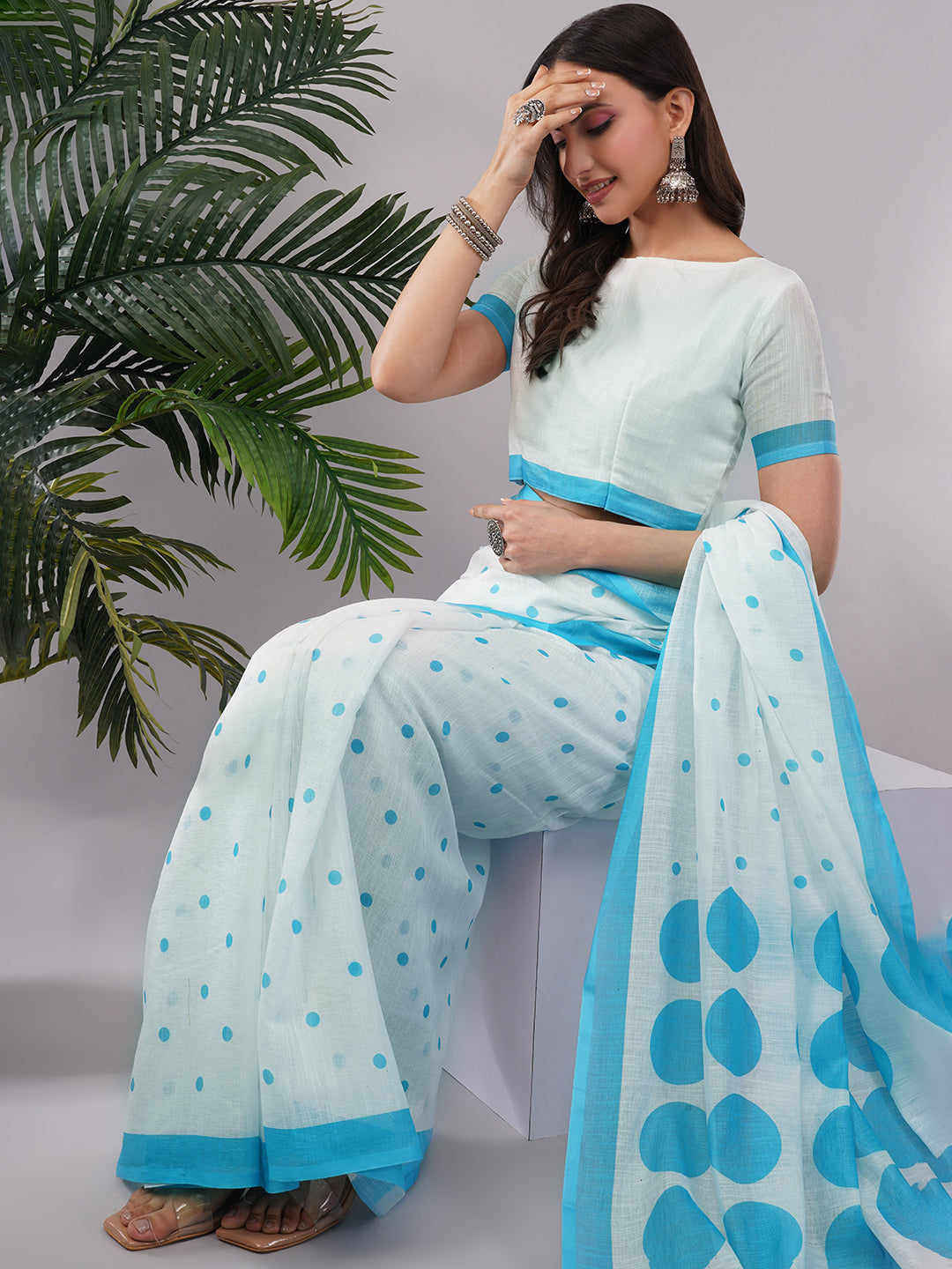 Samantha Women's White & Sky Blue Polka Dot Linen Saree with Geometric Printed Pallu & Tassels | Breathable Summer Office Wear