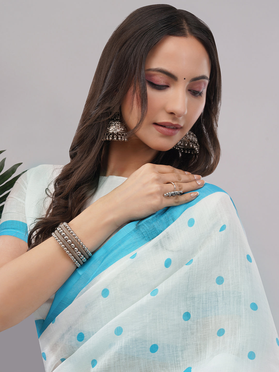 Samantha Women's White & Sky Blue Polka Dot Linen Saree with Geometric Printed Pallu & Tassels | Breathable Summer Office Wear