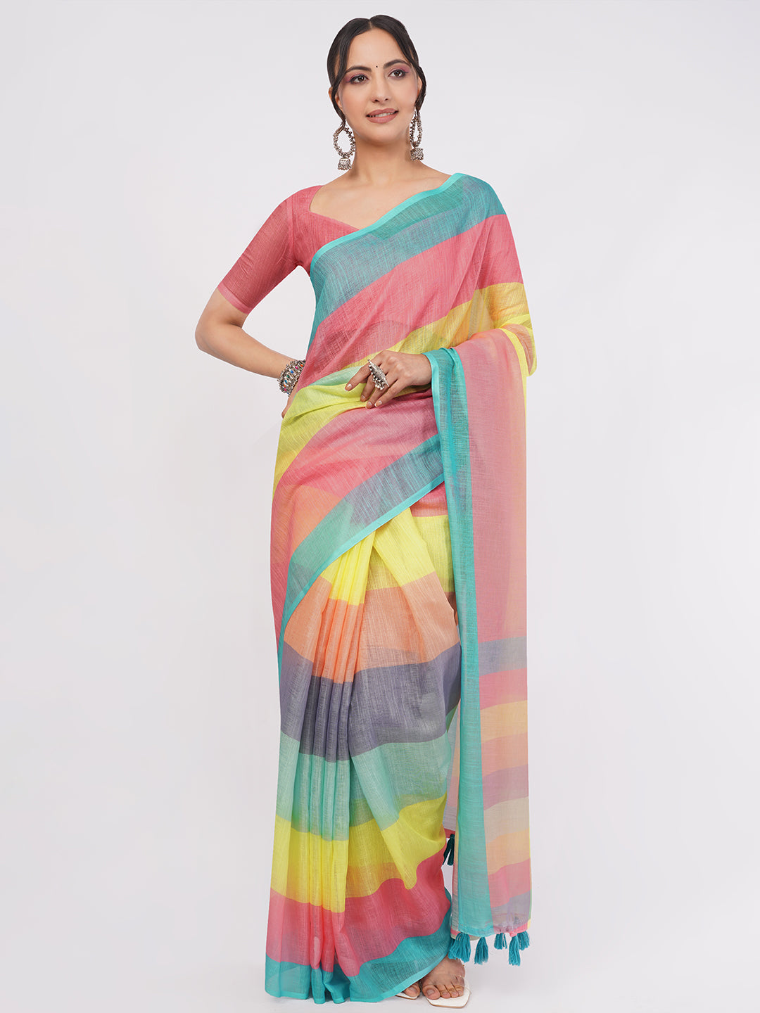 Samantha Women's Multicolor Diagonal Striped Linen Saree (Peach, Yellow & Teal) with Solid Blouse | Vibrant Breathable Summer Wear