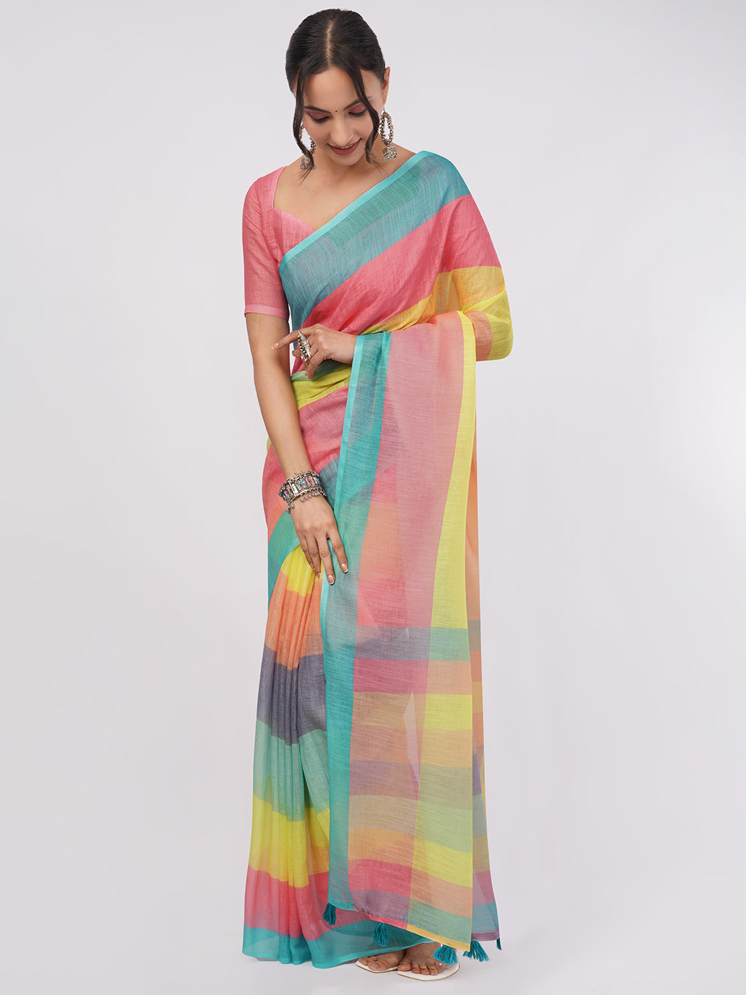 Samantha Women's Multicolor Diagonal Striped Linen Saree (Peach, Yellow & Teal) with Solid Blouse | Vibrant Breathable Summer Wear