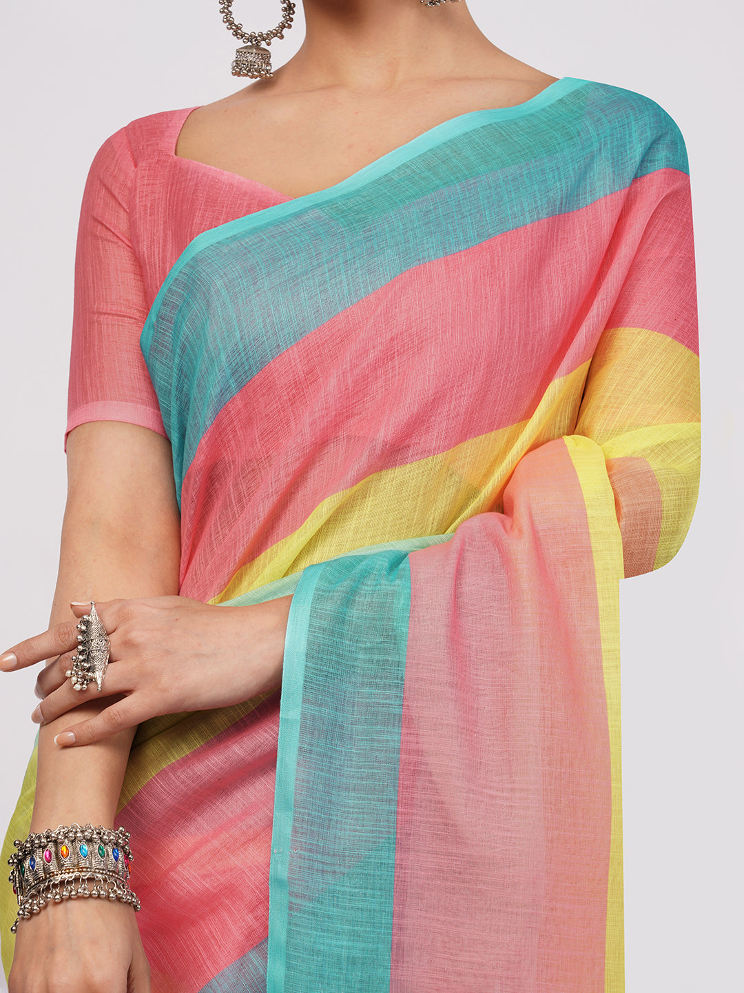 Samantha Women's Multicolor Diagonal Striped Linen Saree (Peach, Yellow & Teal) with Solid Blouse | Vibrant Breathable Summer Wear