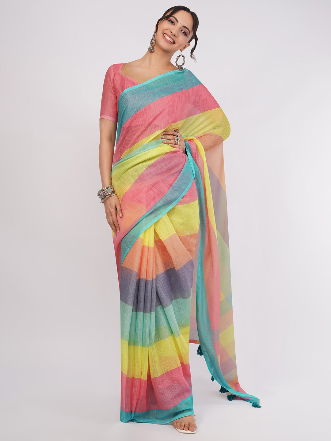 Multicolor diagonal striped linen saree with peach and yellow stripes draped by woman for summer wear by Samantha