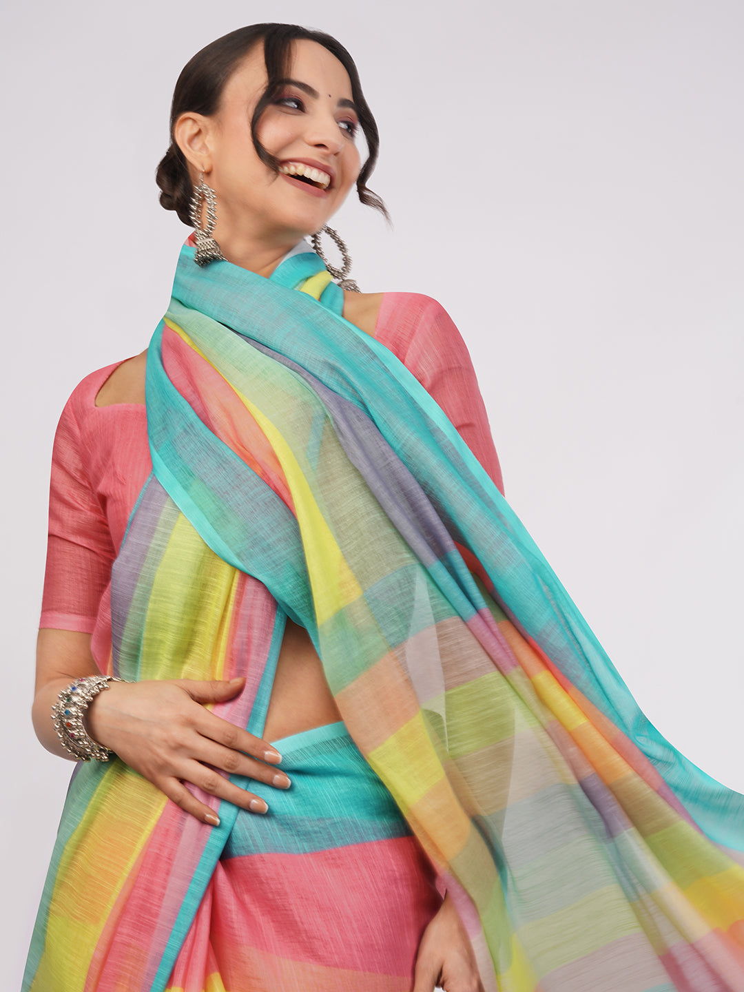 Samantha Women's Multicolor Diagonal Striped Linen Saree (Peach, Yellow & Teal) with Solid Blouse | Vibrant Breathable Summer Wear
