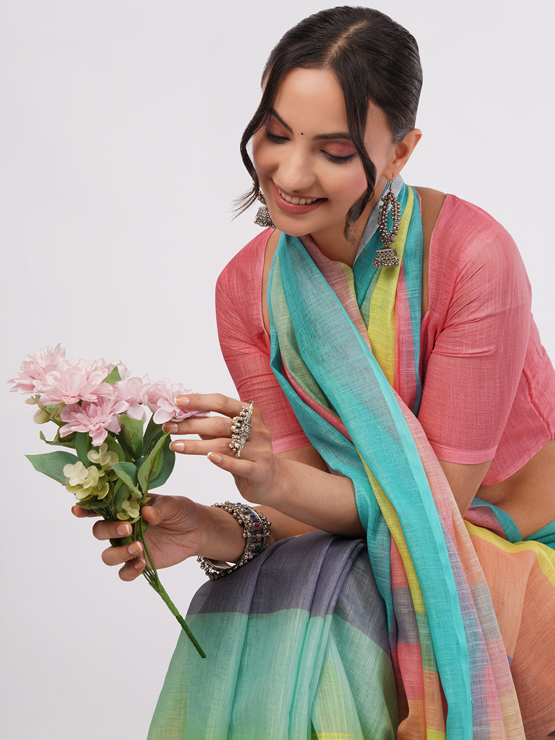 Samantha Women's Multicolor Diagonal Striped Linen Saree (Peach, Yellow & Teal) with Solid Blouse | Vibrant Breathable Summer Wear