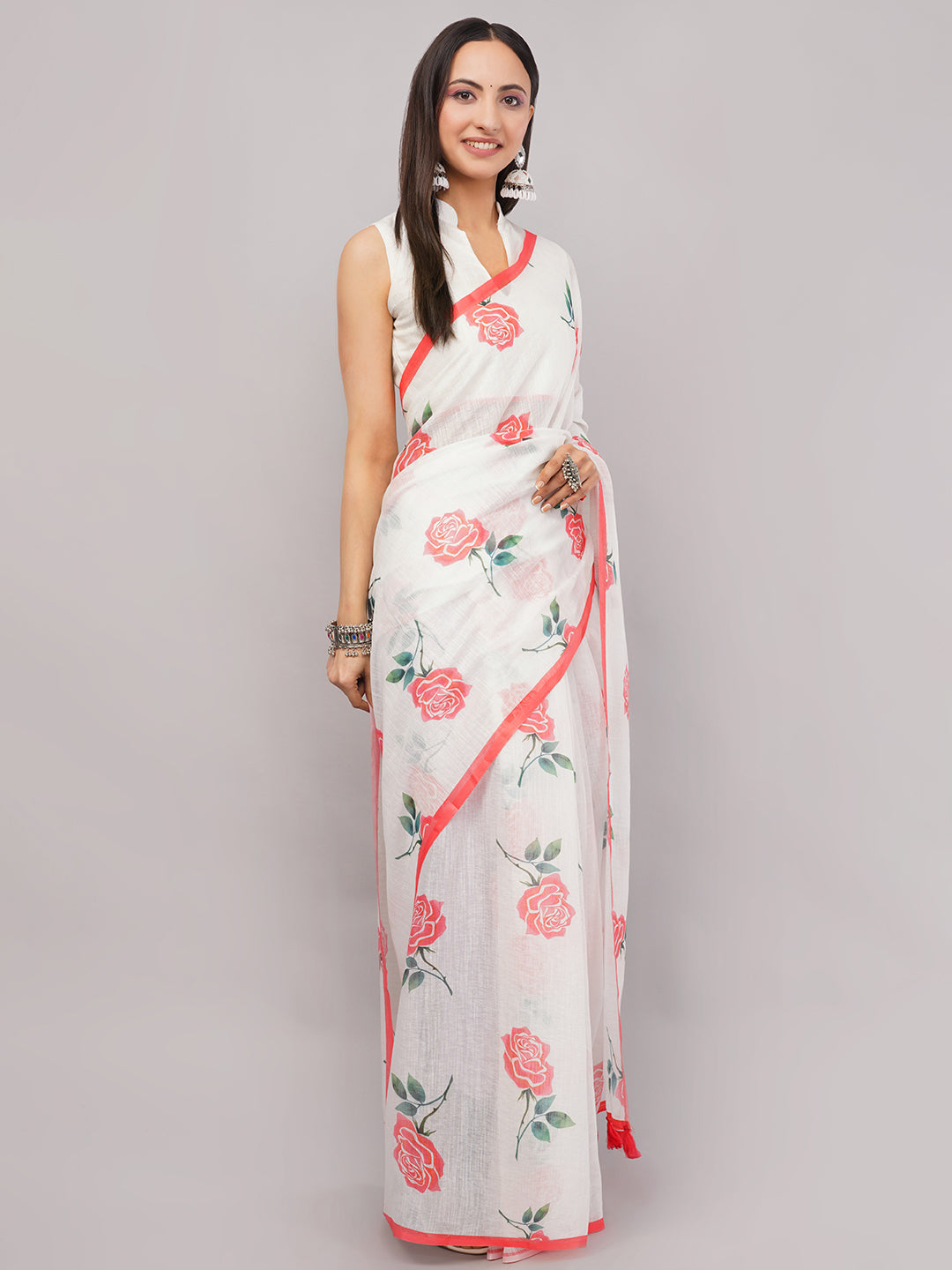 Samantha Women's White & Red Rose Floral Printed Linen Saree with Red Border & Tassels | Breathable Summer Ethnic Wear