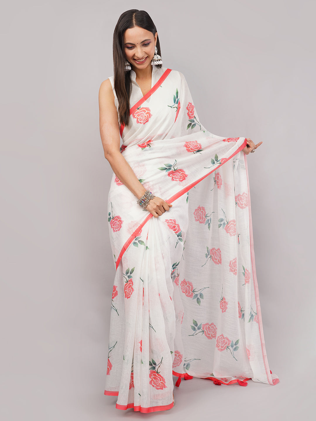 Samantha Women's White & Red Rose Floral Printed Linen Saree with Red Border & Tassels | Breathable Summer Ethnic Wear