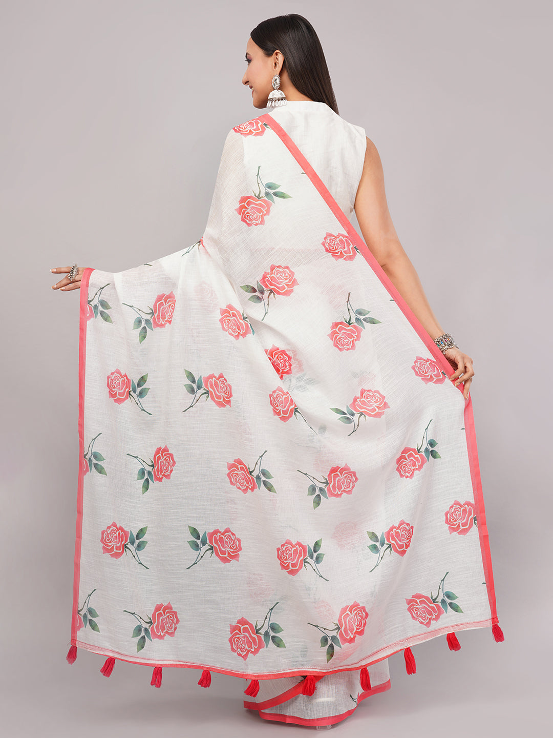 Samantha Women's White & Red Rose Floral Printed Linen Saree with Red Border & Tassels | Breathable Summer Ethnic Wear