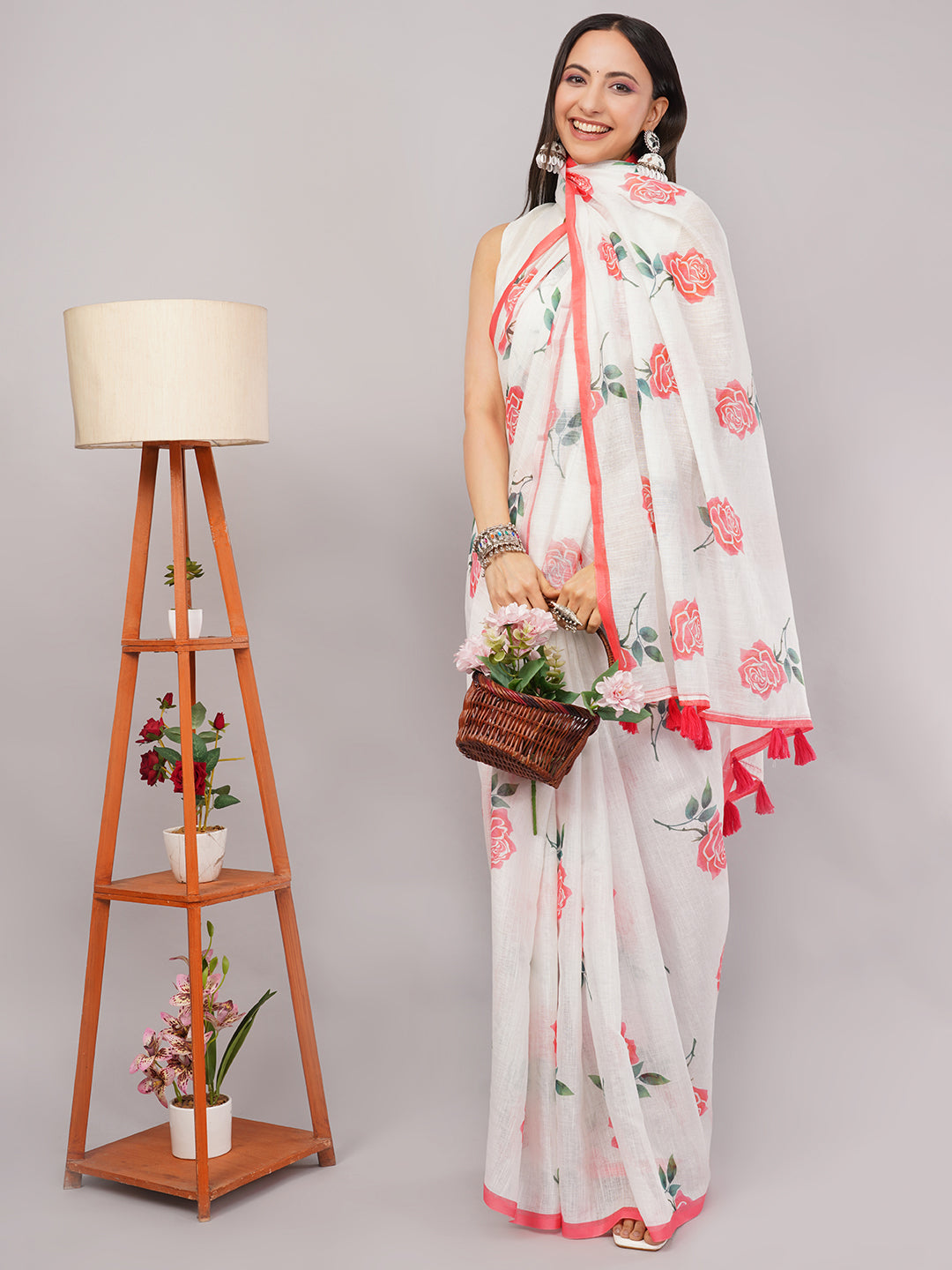 Samantha Women's White & Red Rose Floral Printed Linen Saree with Red Border & Tassels | Breathable Summer Ethnic Wear