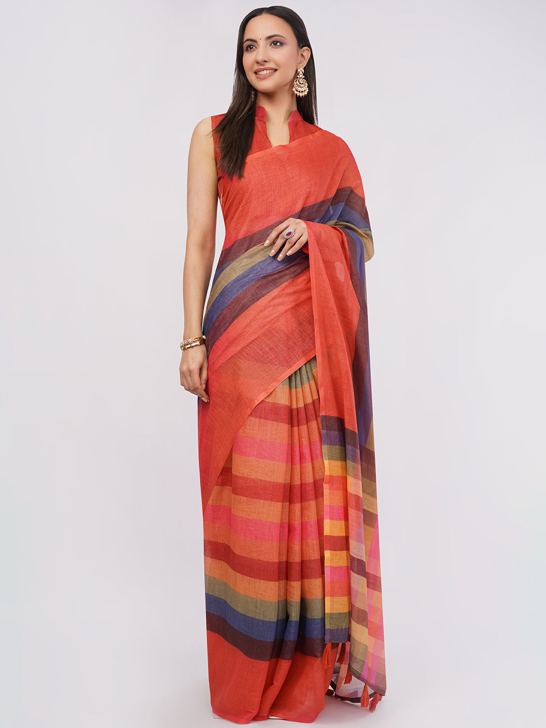 Samantha Women's Multicolor Horizontal Striped Linen Saree (Rust Red, Blue & Mustard) with Tassels | Artistic Breathable Office Wear