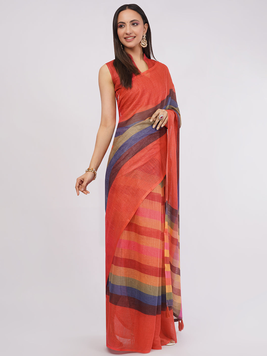 Samantha Women's Multicolor Horizontal Striped Linen Saree (Rust Red, Blue & Mustard) with Tassels | Artistic Breathable Office Wear