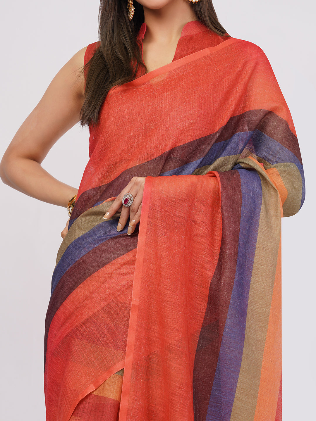 Samantha Women's Multicolor Horizontal Striped Linen Saree (Rust Red, Blue & Mustard) with Tassels | Artistic Breathable Office Wear