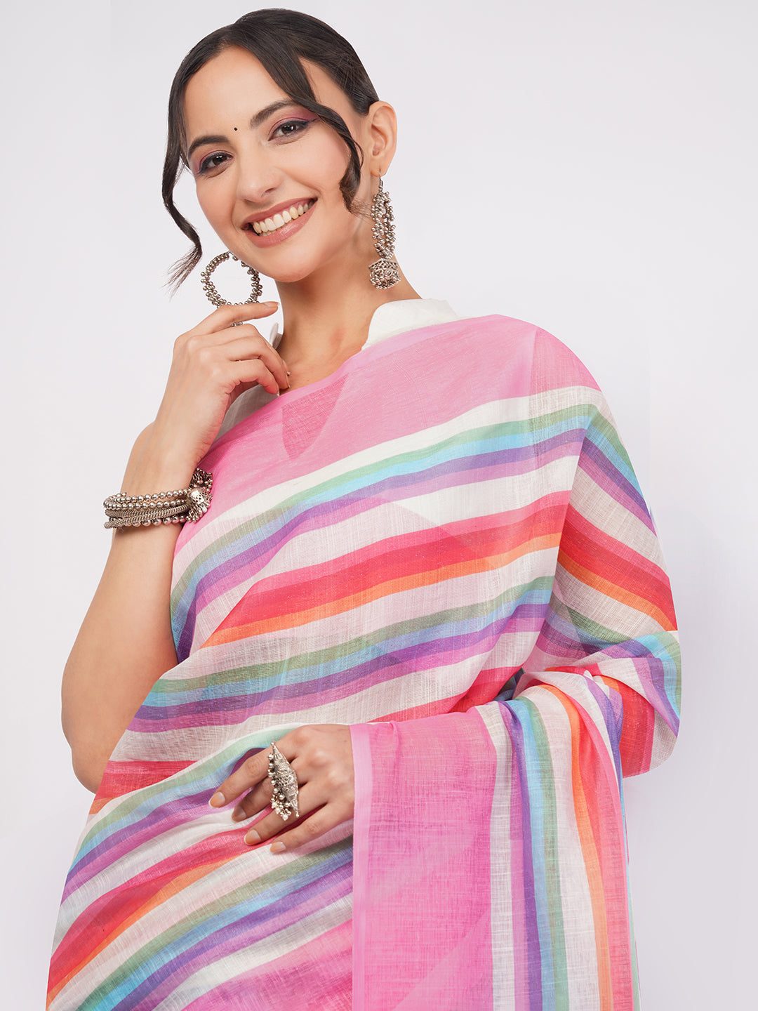 Samantha Women's Pink & Multicolor Vertical Striped Linen Saree (Rainbow Candy) with Tassels | Breathable Summer Day Wear