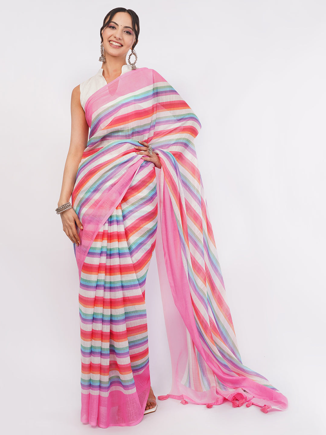 Samantha Women's Pink & Multicolor Vertical Striped Linen Saree (Rainbow Candy) with Tassels | Breathable Summer Day Wear