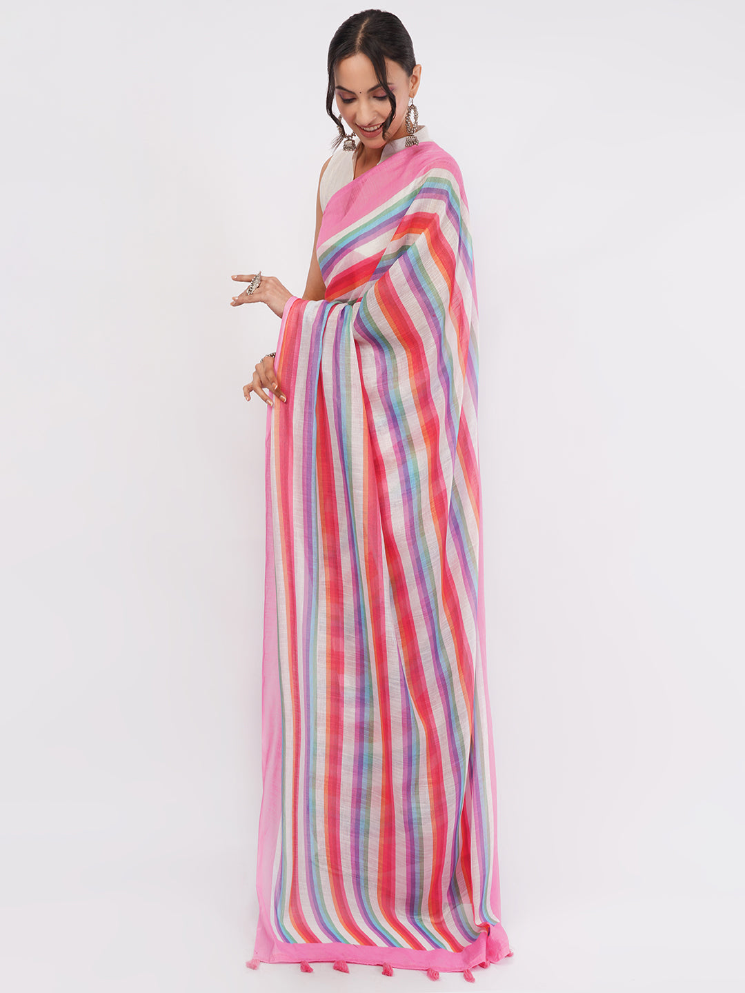 Samantha Women's Pink & Multicolor Vertical Striped Linen Saree (Rainbow Candy) with Tassels | Breathable Summer Day Wear