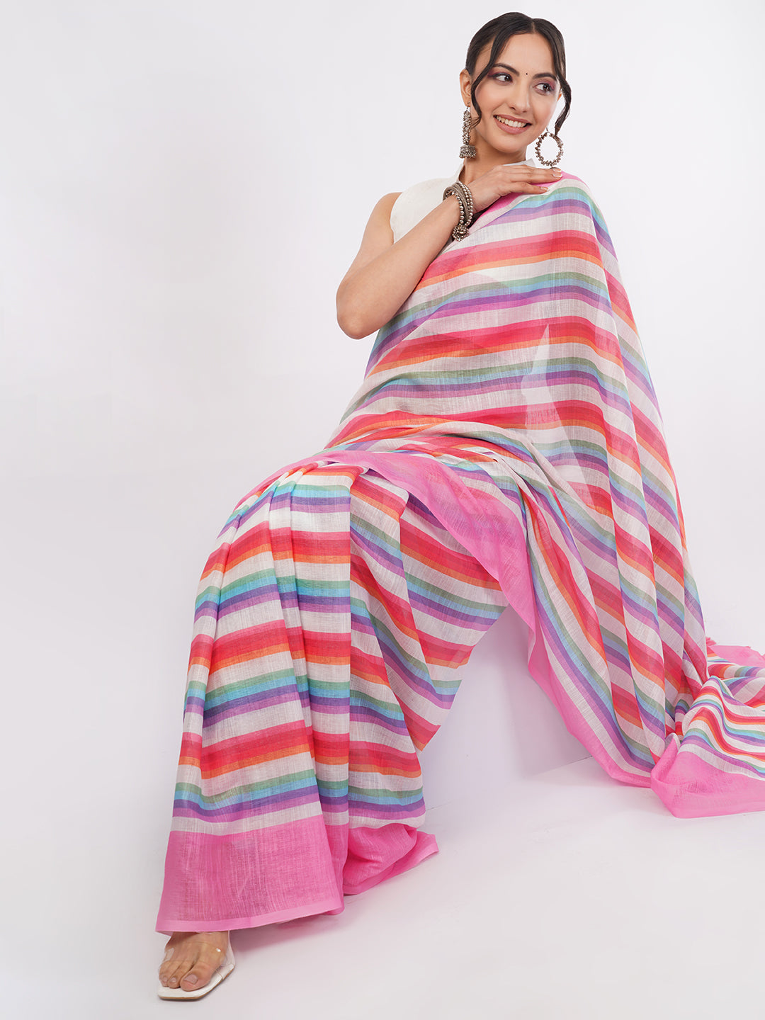 Samantha Women's Pink & Multicolor Vertical Striped Linen Saree (Rainbow Candy) with Tassels | Breathable Summer Day Wear