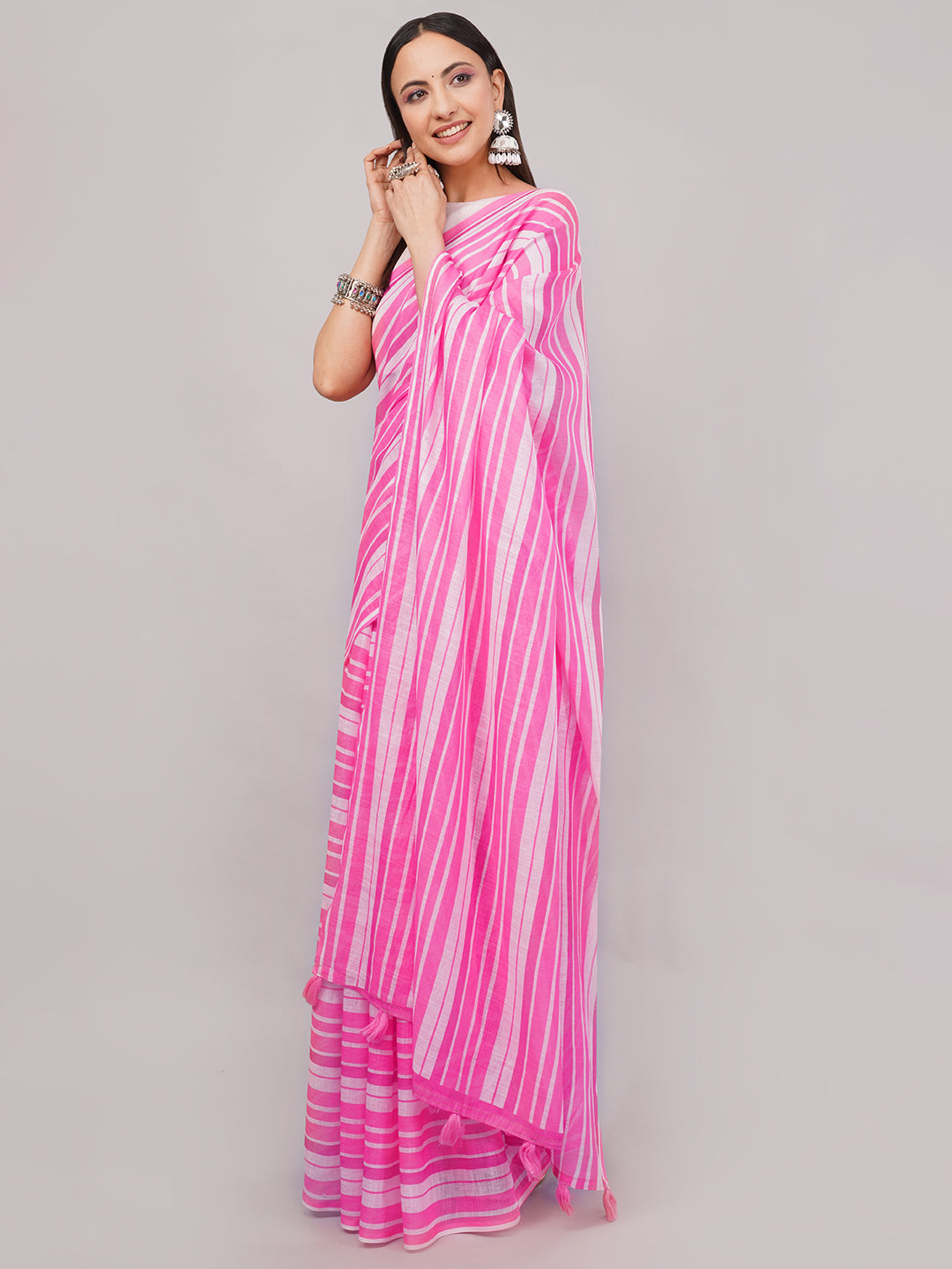 Samantha Women's Pink & White Leheriya Striped Linen Saree with Tassels | Vibrant Breathable Summer Office Wear