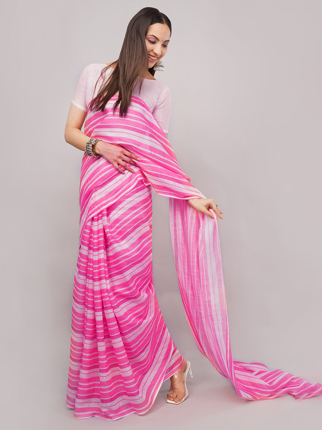 Samantha Women's Pink & White Leheriya Striped Linen Saree with Tassels | Vibrant Breathable Summer Office Wear