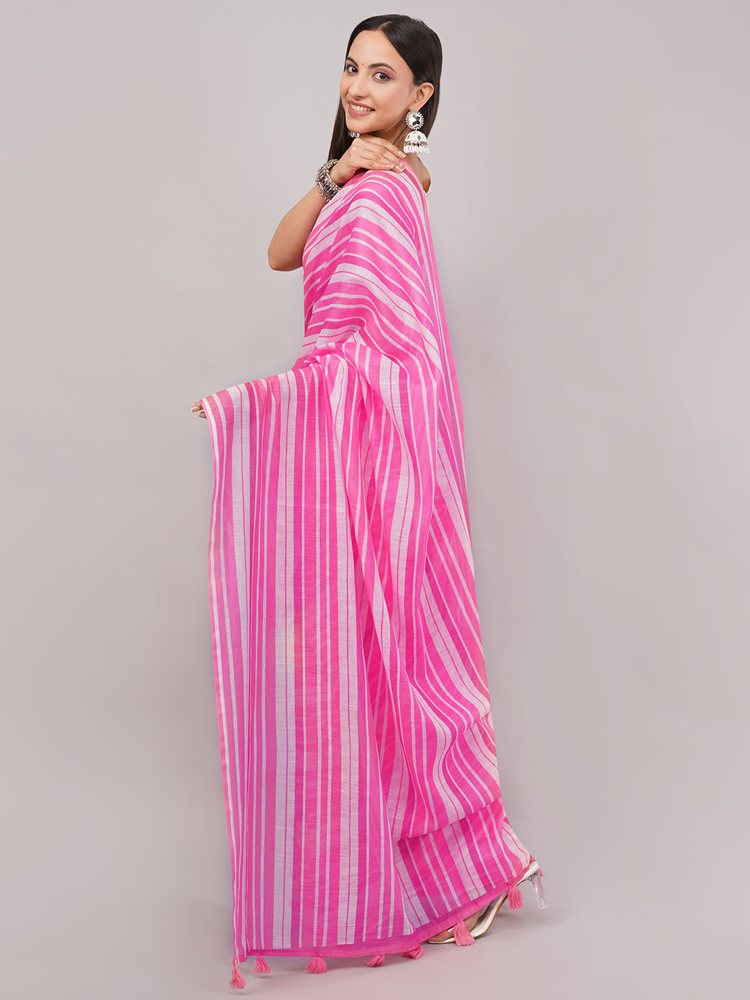 Samantha Women's Pink & White Leheriya Striped Linen Saree with Tassels | Vibrant Breathable Summer Office Wear