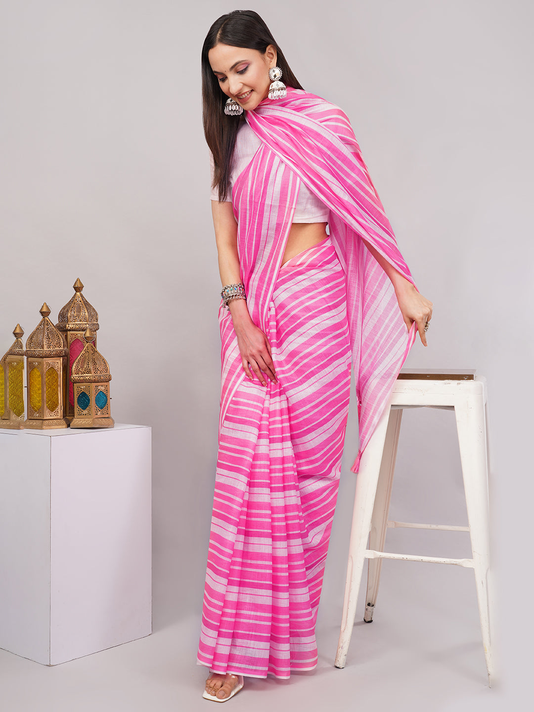 Samantha Women's Pink & White Leheriya Striped Linen Saree with Tassels | Vibrant Breathable Summer Office Wear