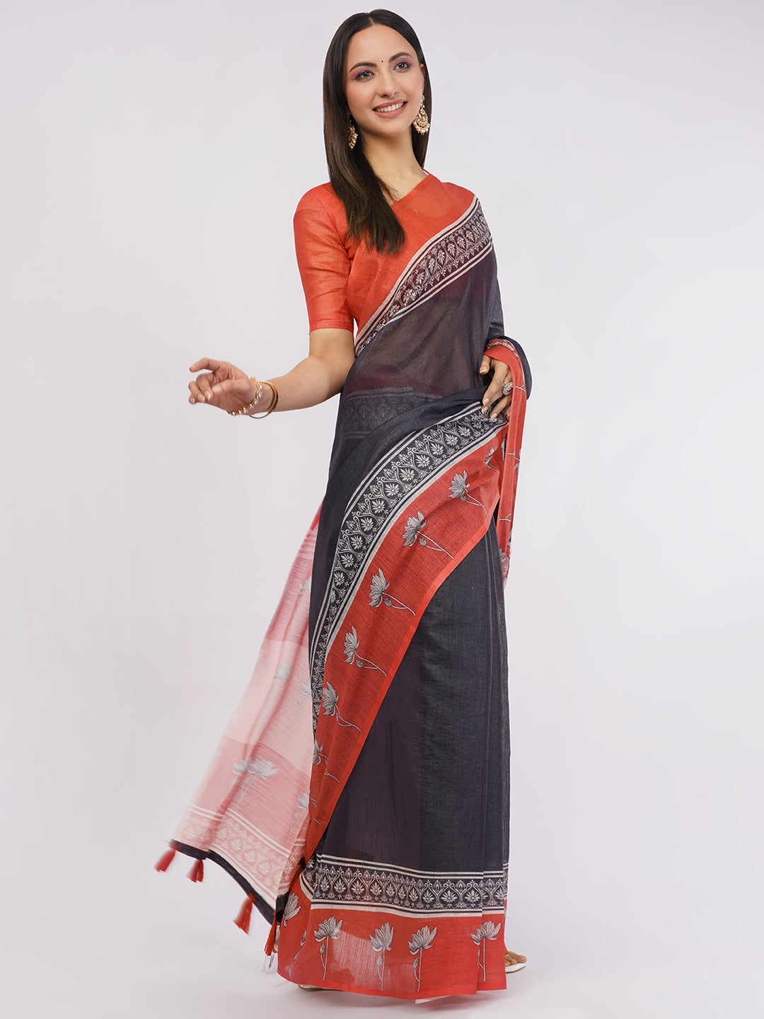 Samantha Women's Black & Rust Red Linen Saree with Floral Printed Pallu & Border | Elegant Breathable Office Wear