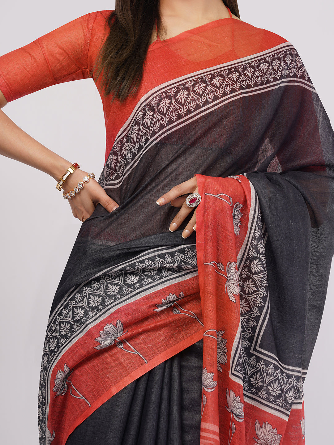 Samantha Women's Black & Rust Red Linen Saree with Floral Printed Pallu & Border | Elegant Breathable Office Wear