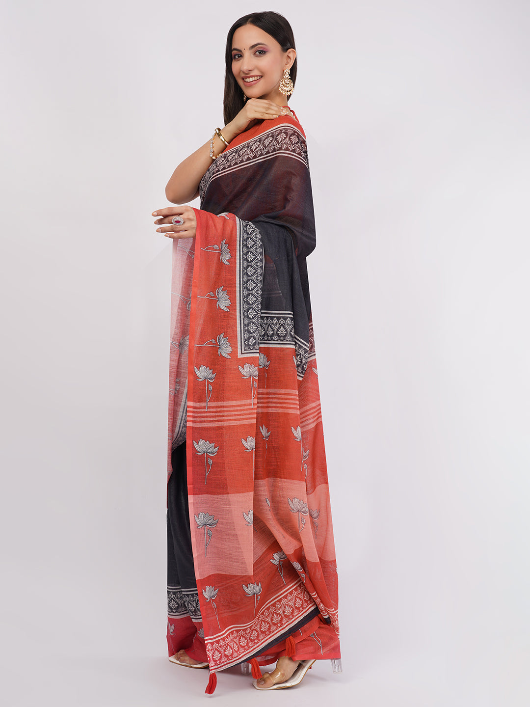 Samantha Women's Black & Rust Red Linen Saree with Floral Printed Pallu & Border | Elegant Breathable Office Wear