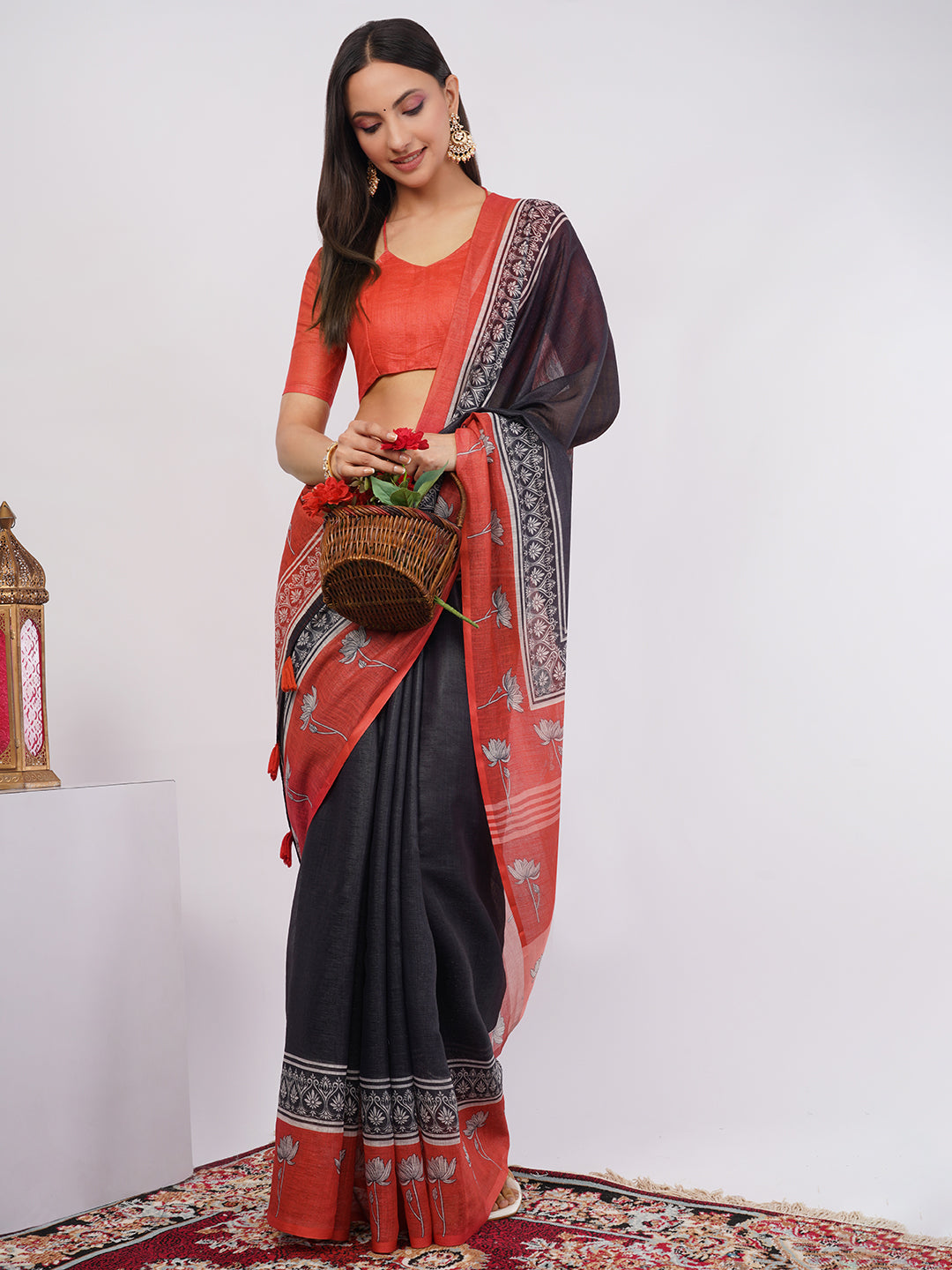 Samantha Women's Black & Rust Red Linen Saree with Floral Printed Pallu & Border | Elegant Breathable Office Wear