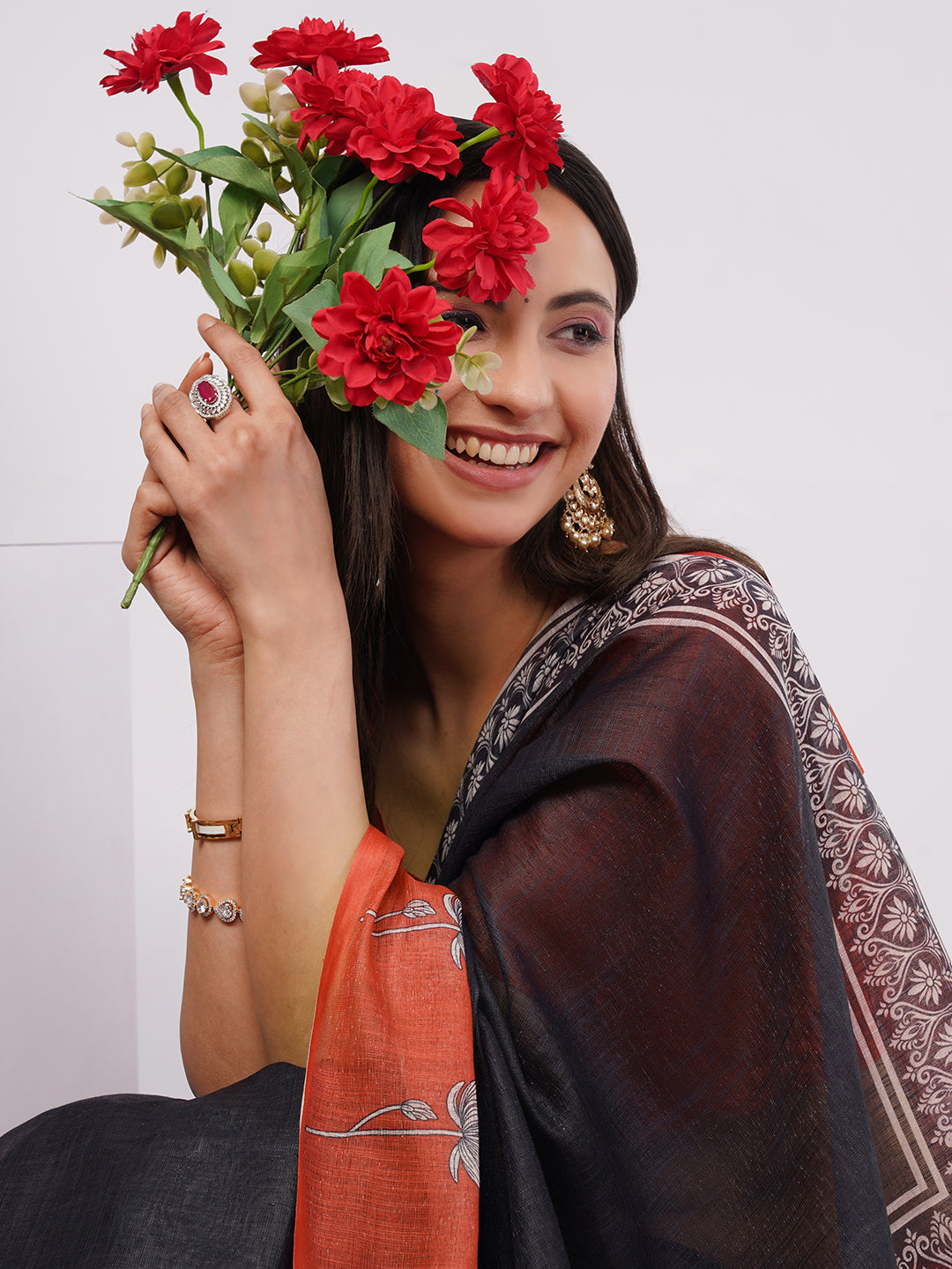 Samantha Women's Black & Rust Red Linen Saree with Floral Printed Pallu & Border | Elegant Breathable Office Wear