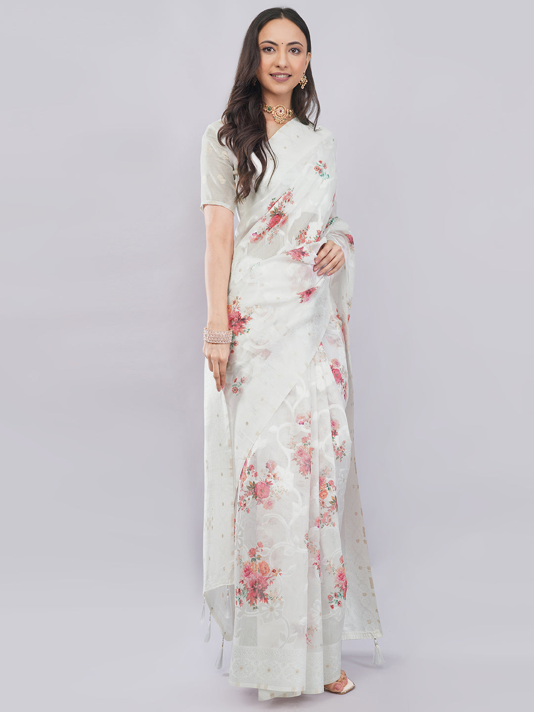 Samantha Off White Rose Floral Printed Chanderi Saree with Self-Woven Pallu