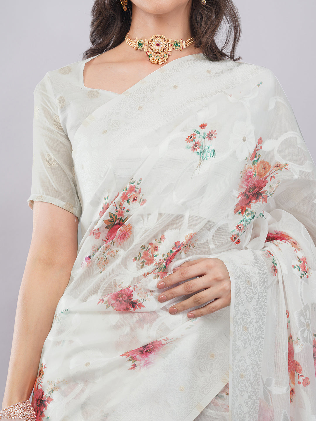 Samantha Off White Rose Floral Printed Chanderi Saree with Self-Woven Pallu