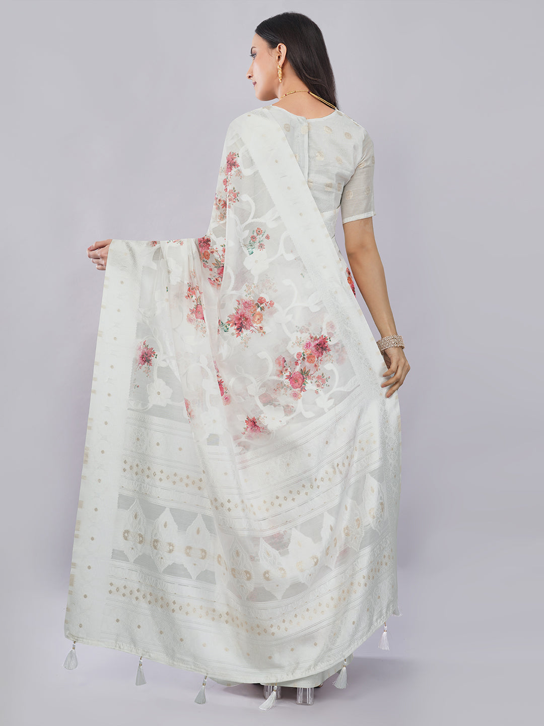 Samantha Off White Rose Floral Printed Chanderi Saree with Self-Woven Pallu
