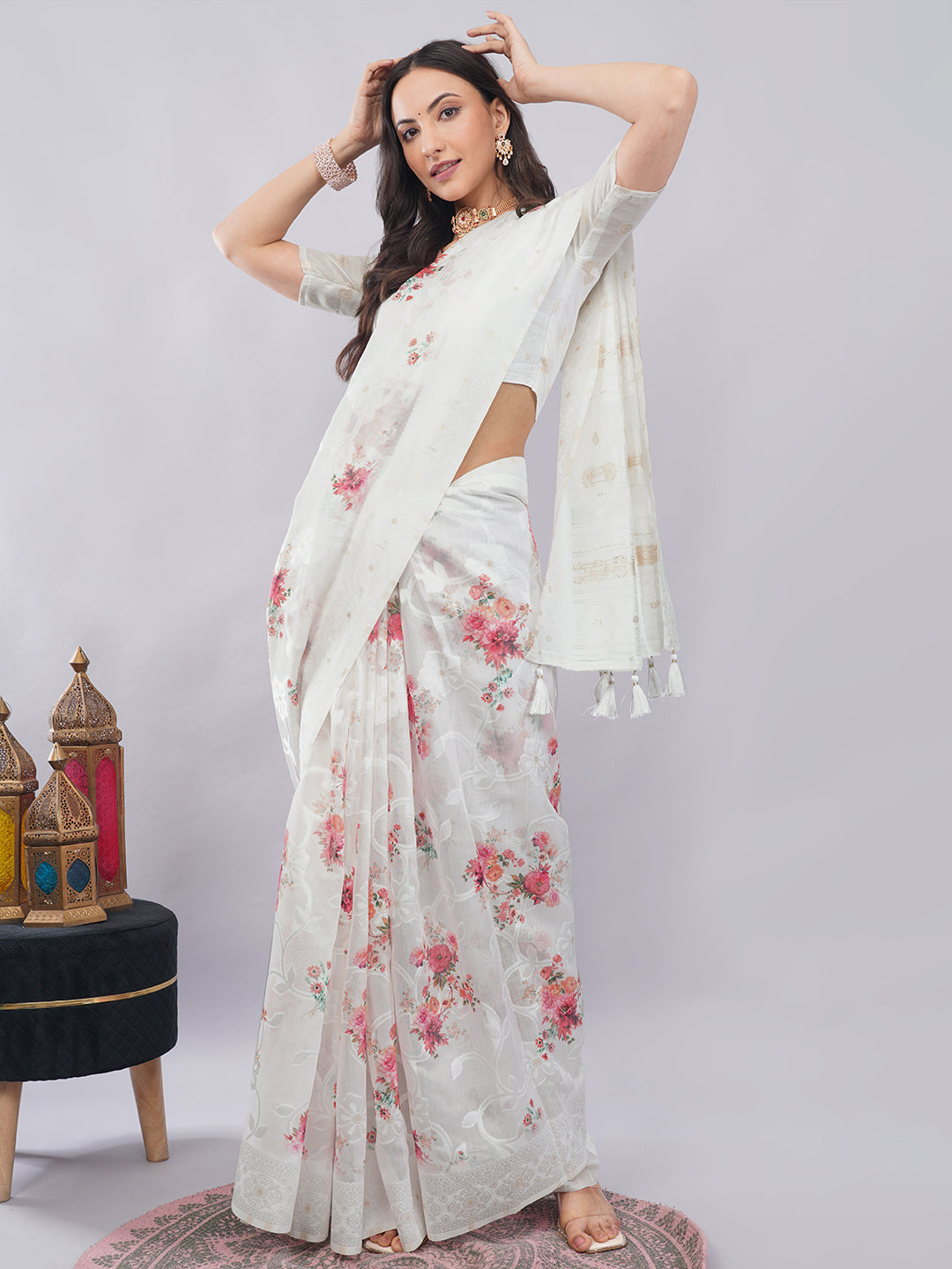 Samantha Off White Rose Floral Printed Chanderi Saree with Self-Woven Pallu