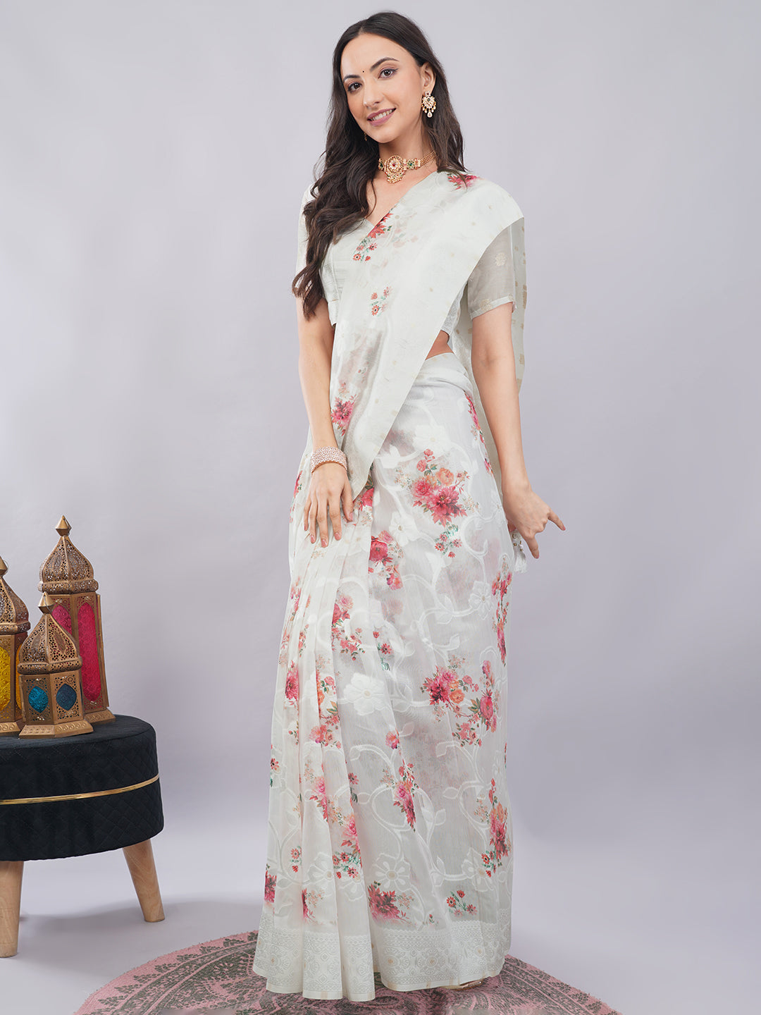 Samantha Off White Rose Floral Printed Chanderi Saree with Self-Woven Pallu