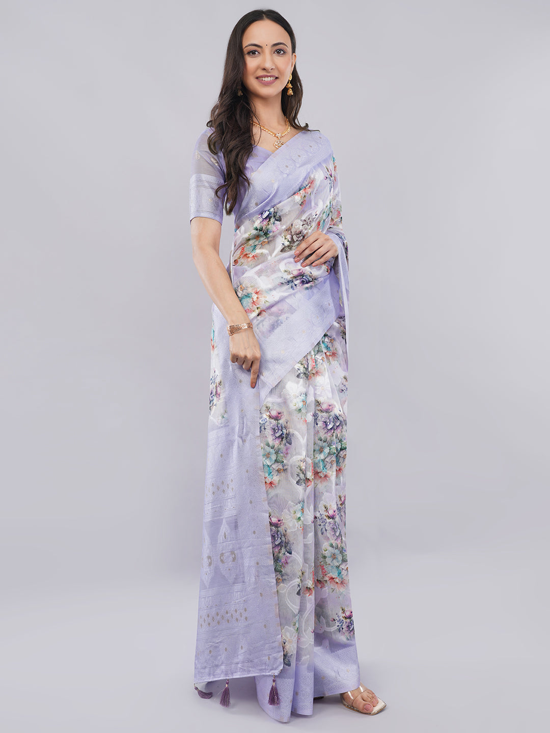 Samantha Lavender Floral Printed Chanderi Saree with Zari Pallu