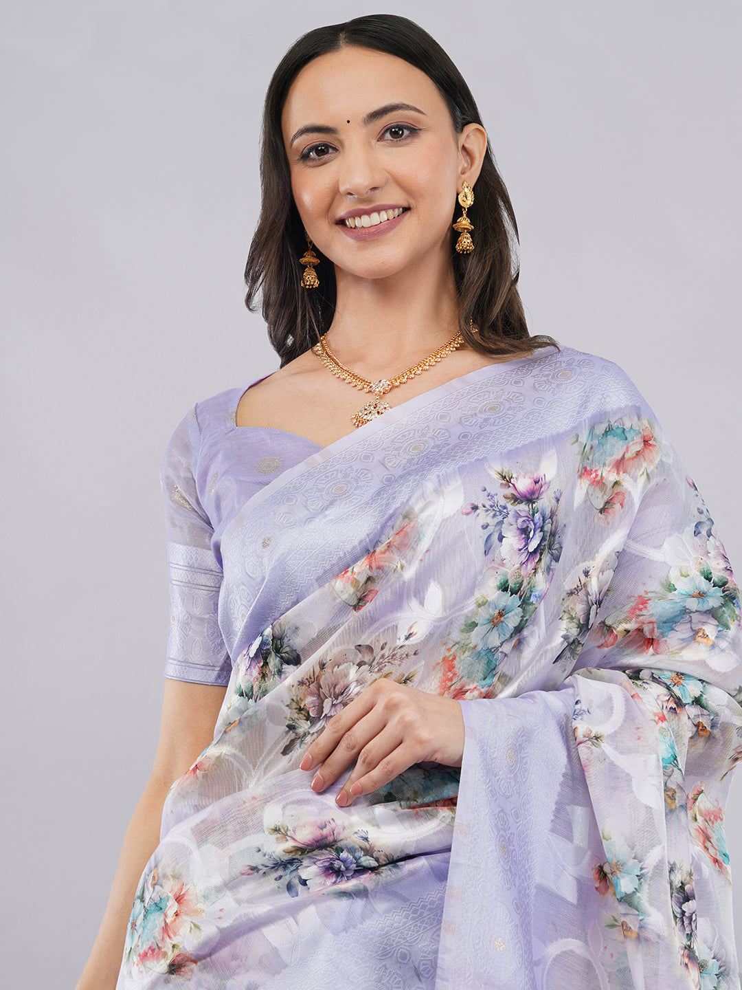 Samantha Lavender Floral Printed Chanderi Saree with Zari Pallu