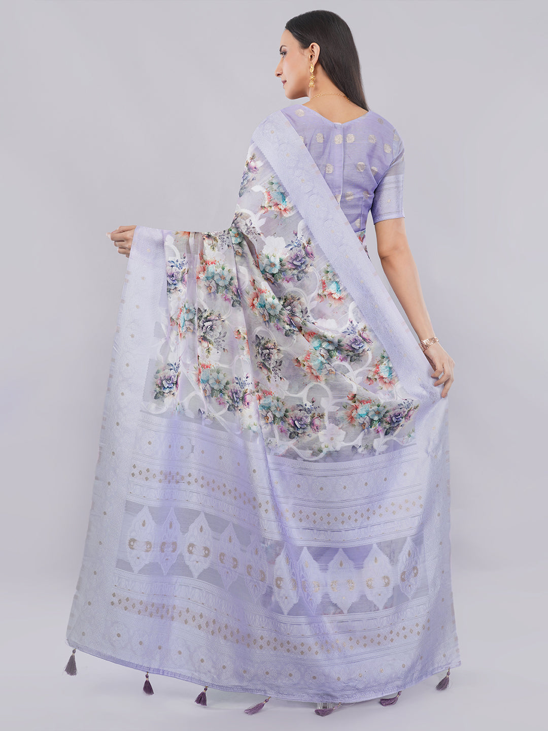 Samantha Lavender Floral Printed Chanderi Saree with Zari Pallu
