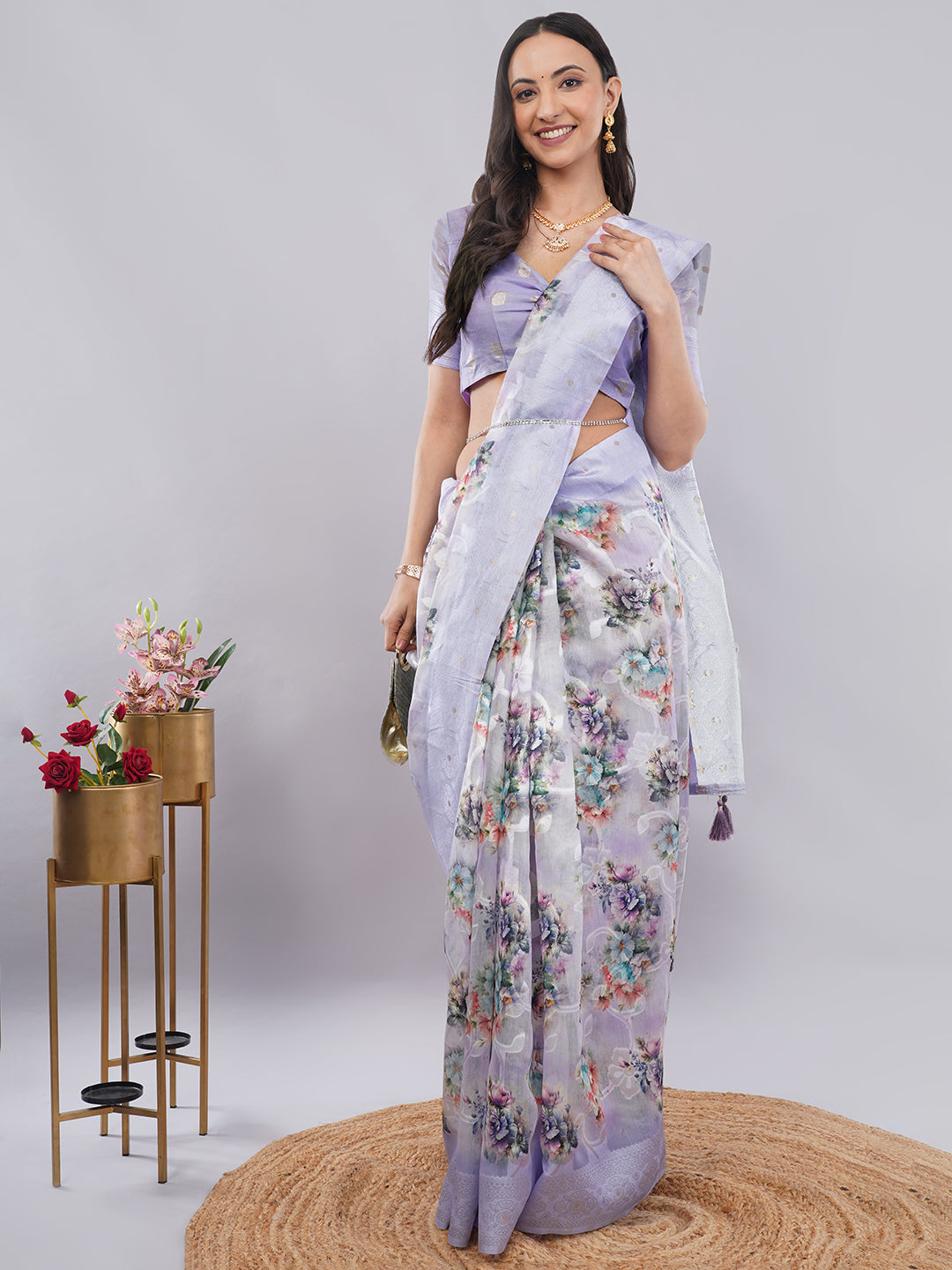 Samantha Lavender Floral Printed Chanderi Saree with Zari Pallu