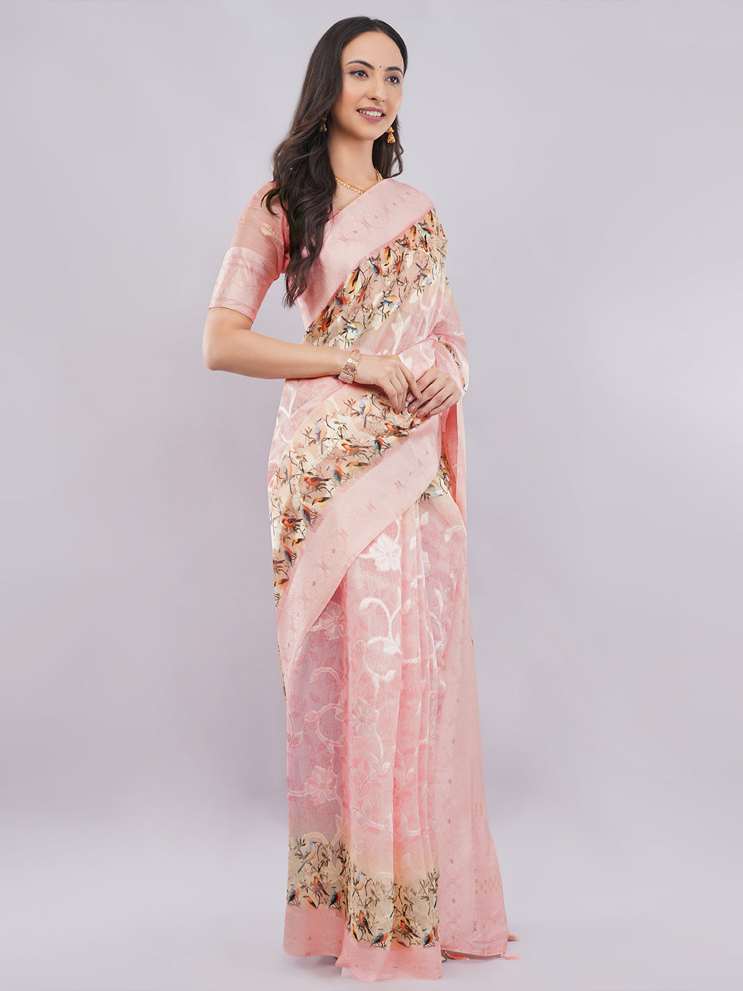 Samantha Baby Pink Bird Printed Chanderi Saree with Zari Pallu