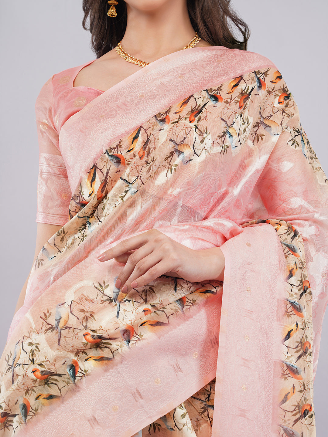 Samantha Baby Pink Bird Printed Chanderi Saree with Zari Pallu