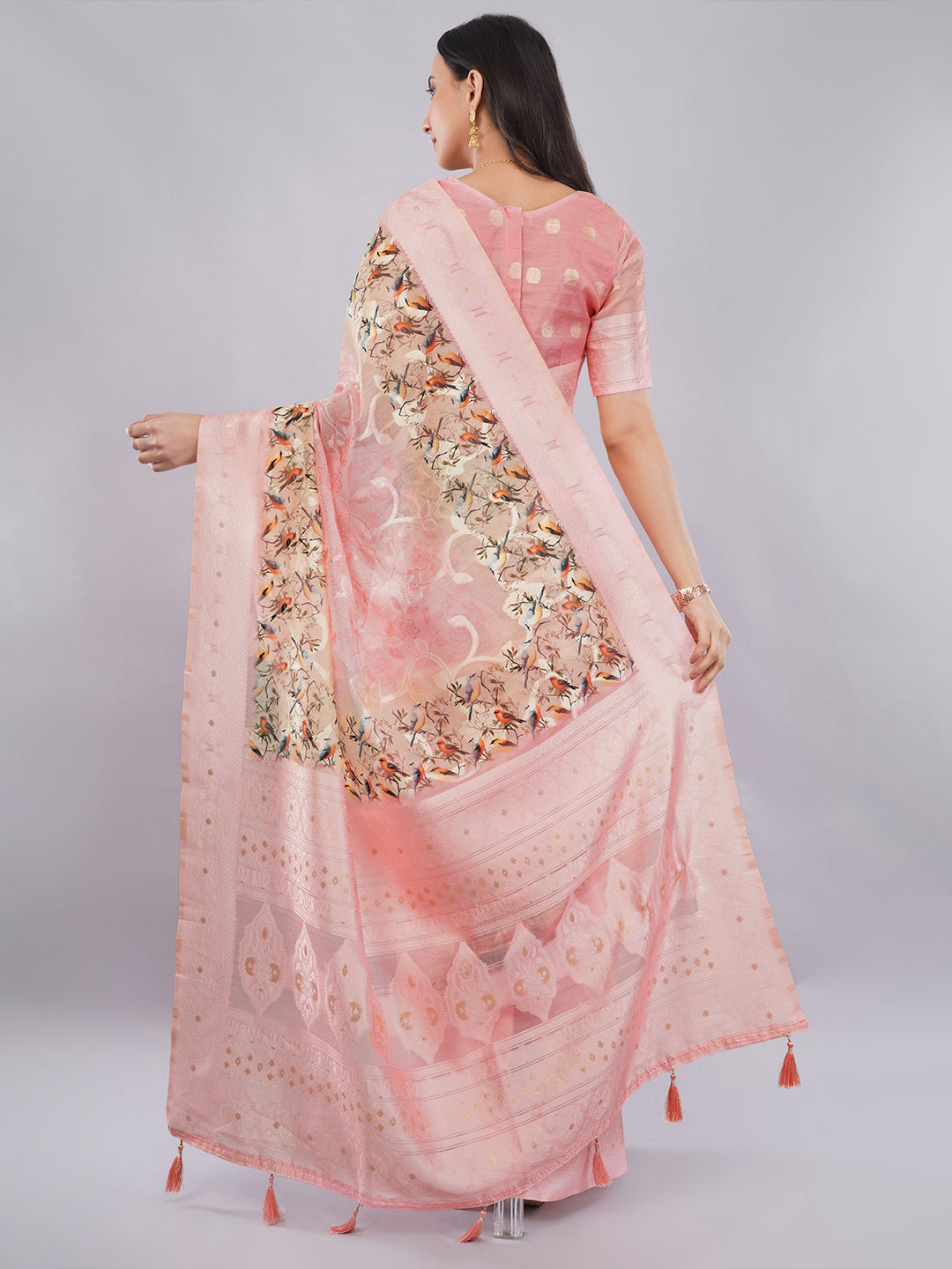 Samantha Baby Pink Bird Printed Chanderi Saree with Zari Pallu