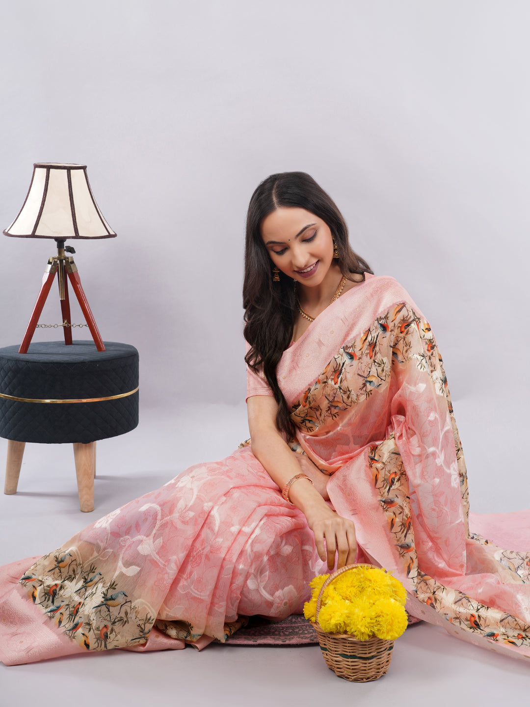 Samantha Baby Pink Bird Printed Chanderi Saree with Zari Pallu