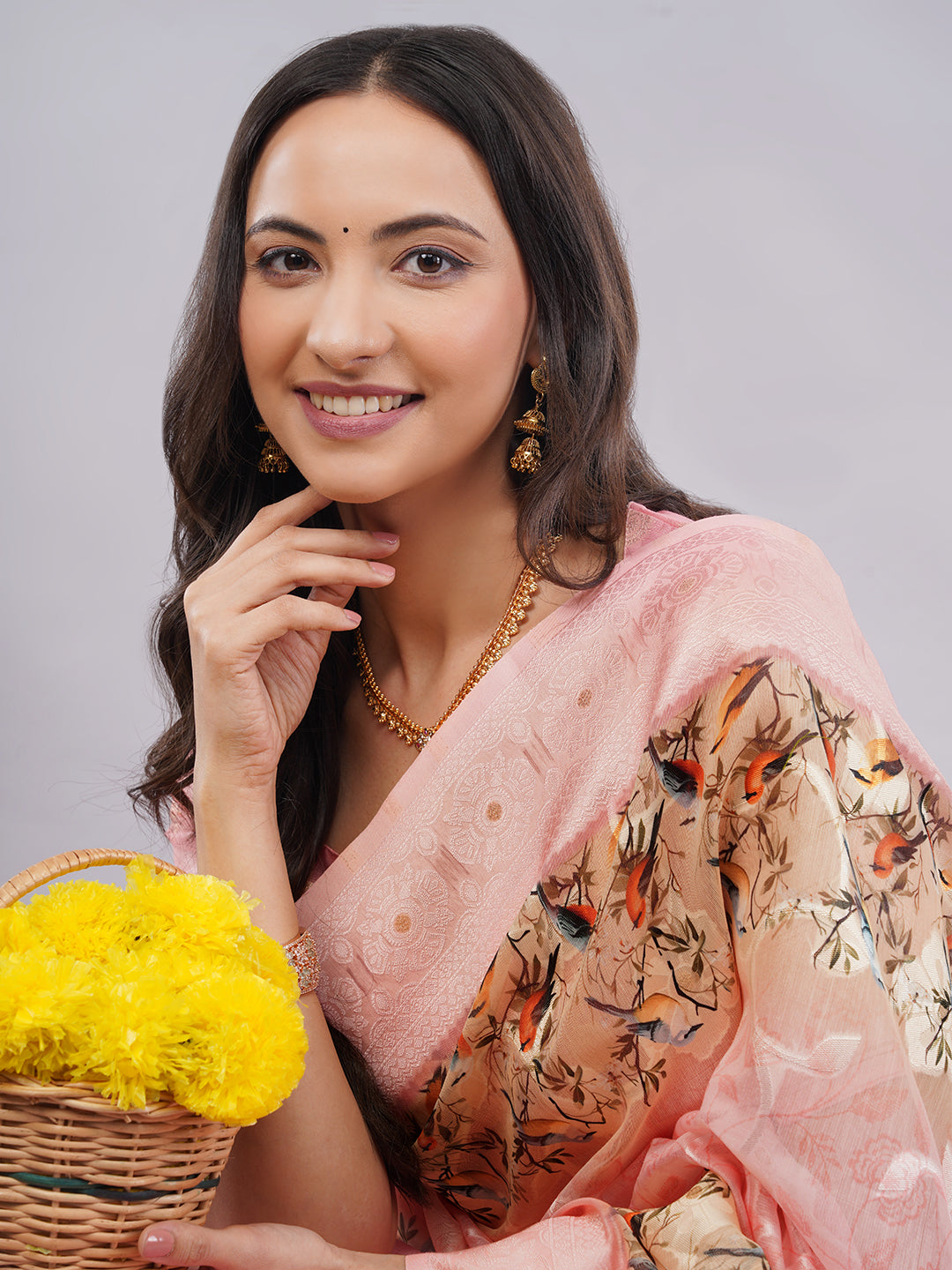 Samantha Baby Pink Bird Printed Chanderi Saree with Zari Pallu