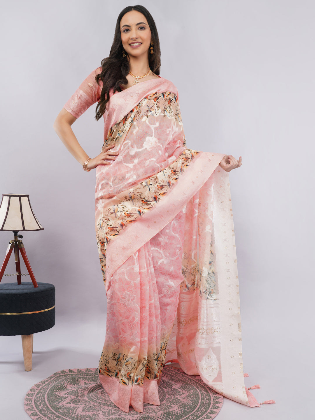 Samantha Baby Pink Bird Printed Chanderi Saree with Zari Pallu