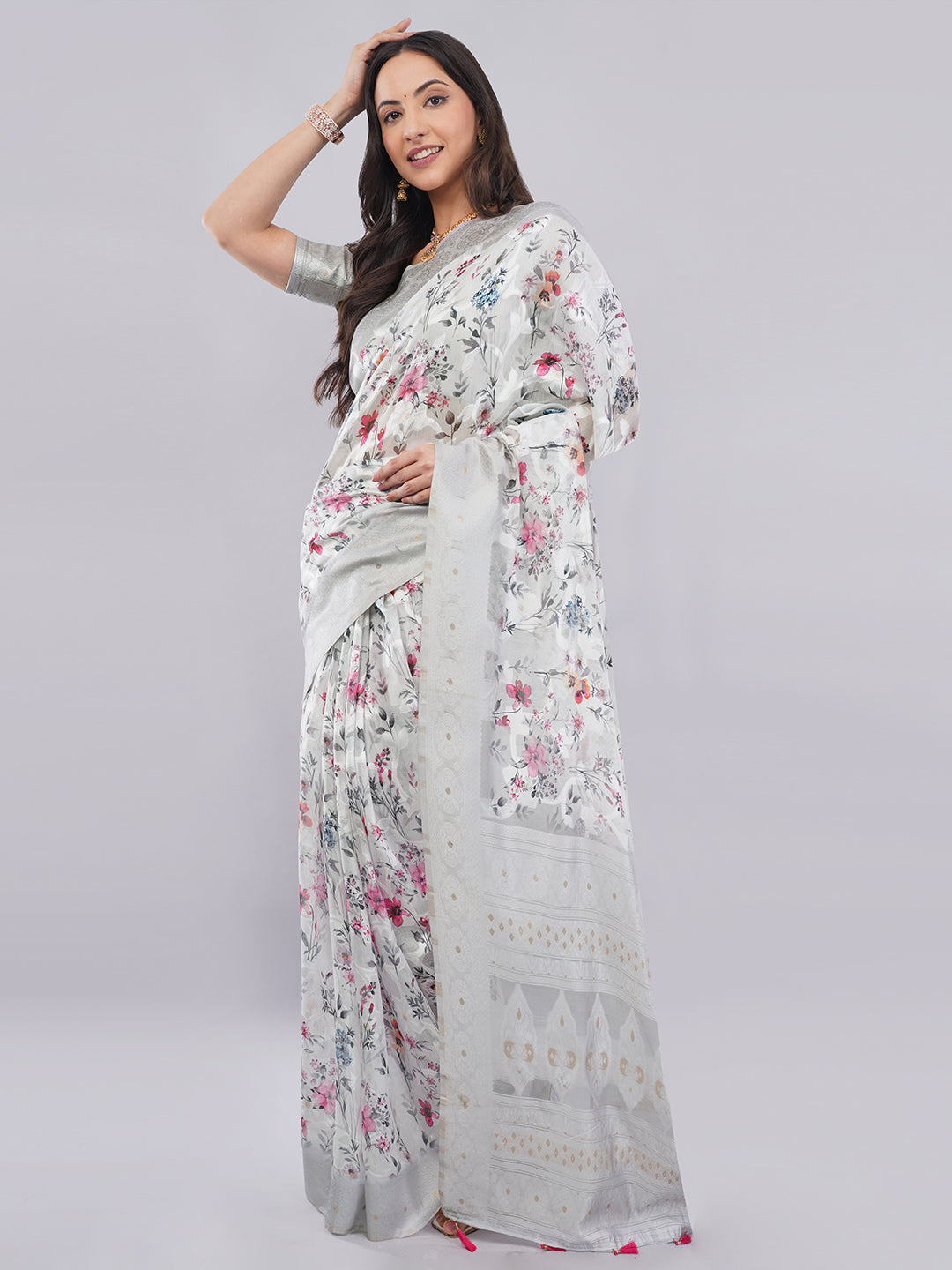Samantha Off White Floral Printed Chanderi Saree with Zari Pallu