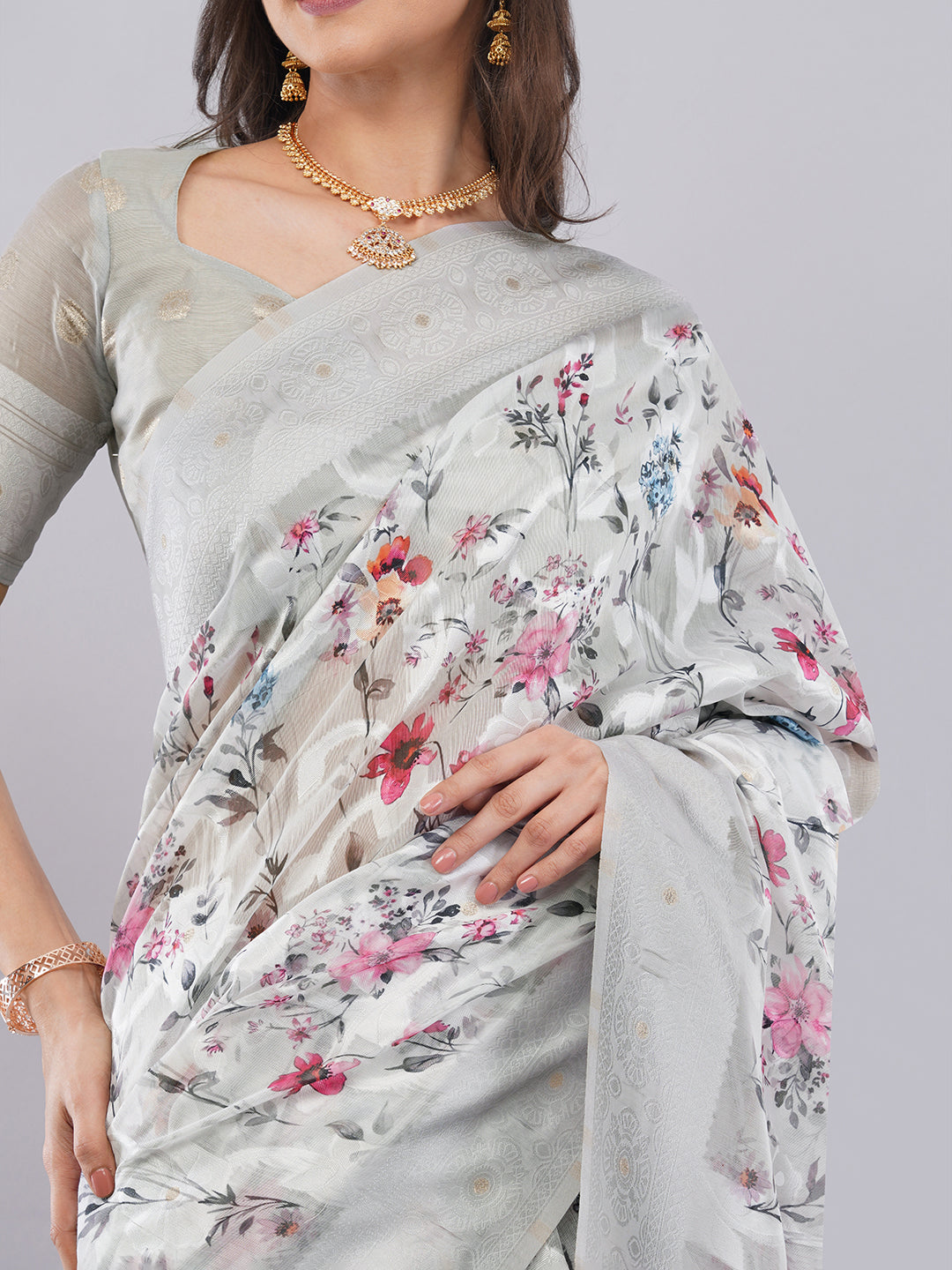 Samantha Off White Floral Printed Chanderi Saree with Zari Pallu